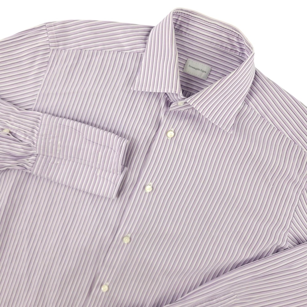Ermenegildo Zegna Dress Shirt Mens 16.5 Purple Stripe Regular Fit French Cuff